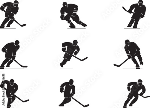 Collection of nine hockey player silhouettes in action silhouette