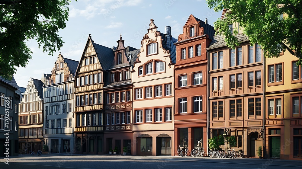 Naklejka premium Elegant European street lined with modern and classic architecture image