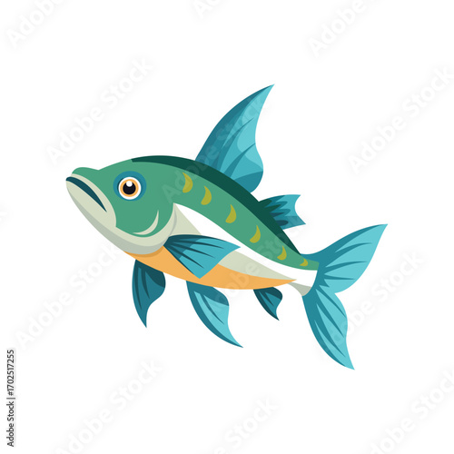 Vector art of cartoon green fish with blue fins swimming