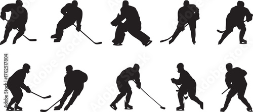 Collection of hockey player silhouettes in action silhouette
