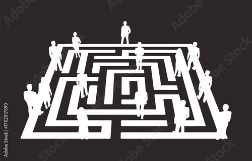 Business people silhouette in maze, challenge and problem solving, confusion concept, corporate difficulty, teamwork finding solution, leadership guidance, career path obstacle, decision making