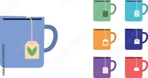 colorful tea cups with tags hanging