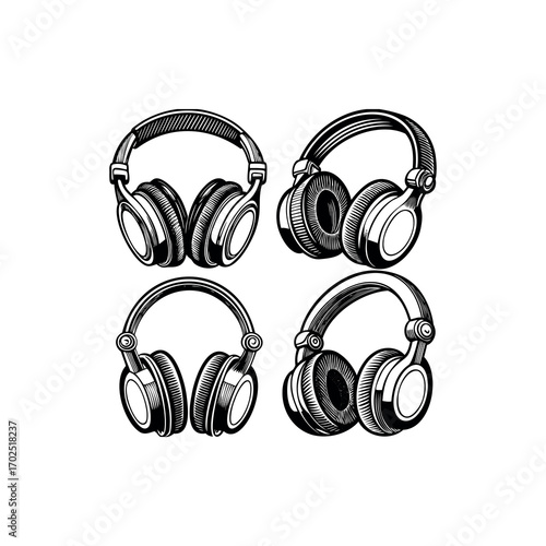 Monochrome Collage of Four Different Hand Drawn Style Headphones on White Background
