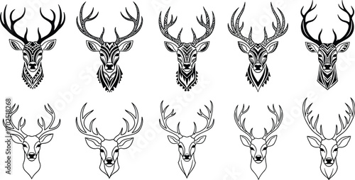 Decorative deer head vector set with antlers, tribal pattern, ornamental wildlife design, outline and detailed illustration for nature and hunting themes