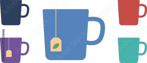 a variety of colorful mugs surrounding one with tea bag