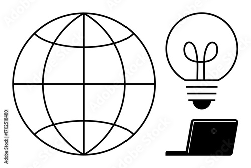 Globe representing global reach, light bulb for ideas, and laptop for technology. Ideal for innovation, internet, education, communication, creativity global business and technology. Flat simple