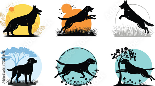 Dog silhouette vector set with German Shepherd, Labrador, Border Collie, running and standing poses, nature background, sunset, tree, and decorative design