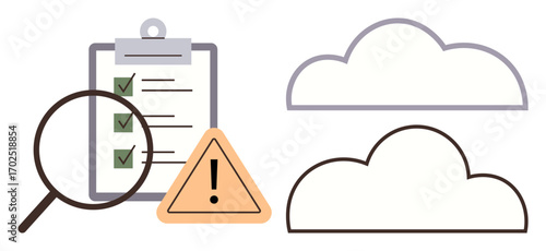 Magnifying glass examining a checklist, warning triangle, and cloud icons. Ideal for security, compliance, audit, risk management, data protection cloud technology system review. Simple flat