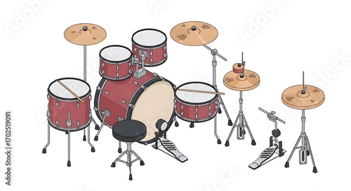 Isometric Drum Kit Illustration with Red Drums and Cymbals