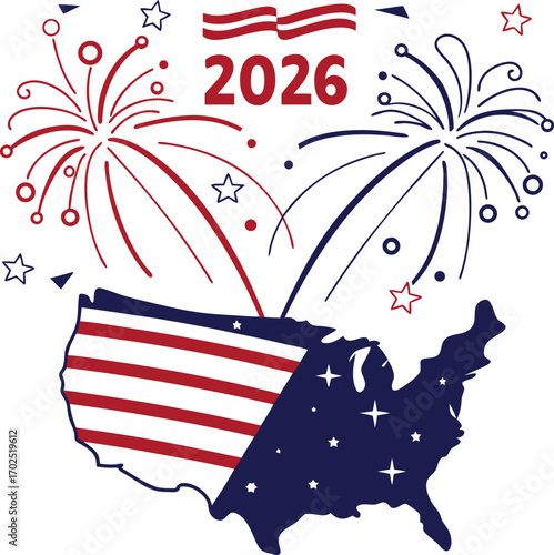 United states map silhouette with glowing 2026 text for a future event