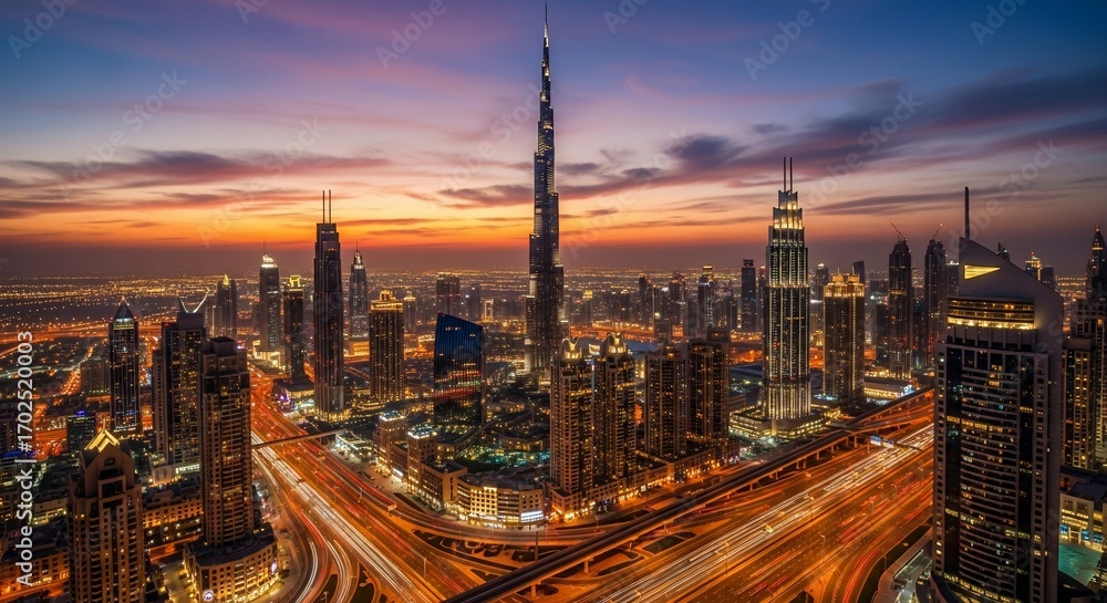 Obraz premium Stunning modern metropolis skyline at dusk with vibrant city lights and glowing traffic trails