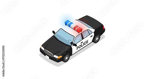 Isometric Black and White Police Car with Flashing Emergency Lights