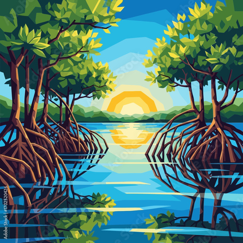 Trees with roots in water reflect the sun in a serene landscape.