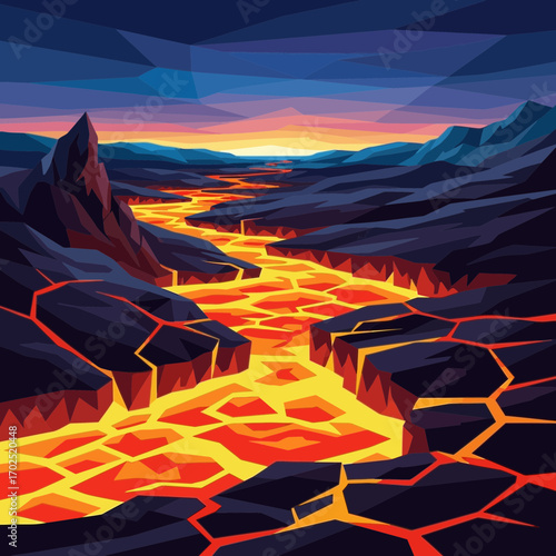 Lava flows through a rocky landscape at dusk with a colorful sky.
