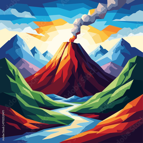 Colorful landscape with volcano smoke river mountains and sky illustration.