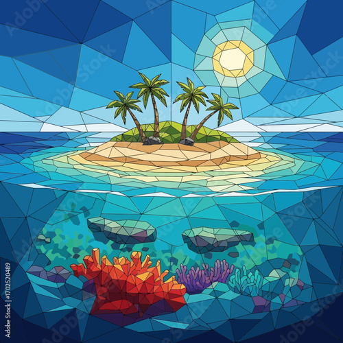Island with palm trees above water and marine life below water.