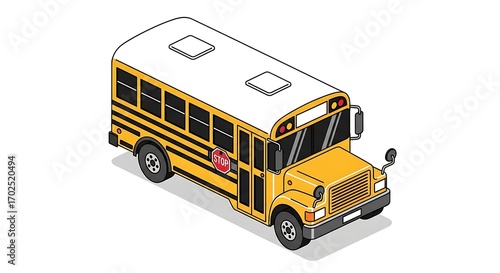 Isometric Yellow School Bus Illustration on a White Background