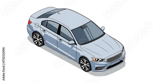 Isometric View of a Modern Light Blue Sedan Car on White Background