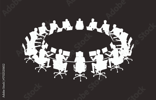 Business meeting silhouette, people sitting around round table with laptops, teamwork discussion, corporate collaboration, office leadership, brainstorming ideas