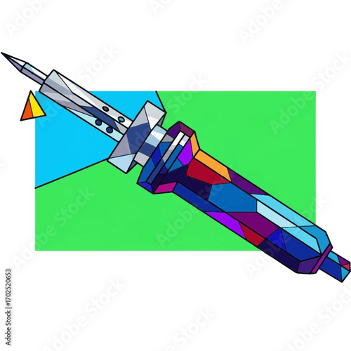 Soldering iron tool with colorful handle against a green and blue background.