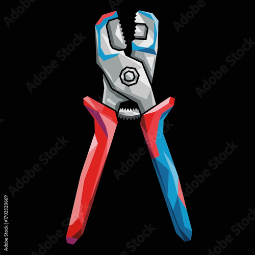Metal cutting pliers tool with red and blue handles isolated on black.