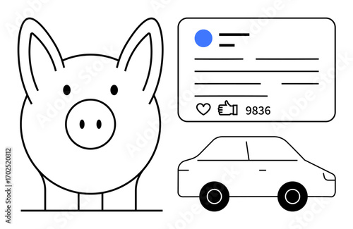 Piggy bank with a car and social media stats representing savings, investment, social influence, and financial management. Ideal for finance, budgeting, investment guides, and a simple landing page