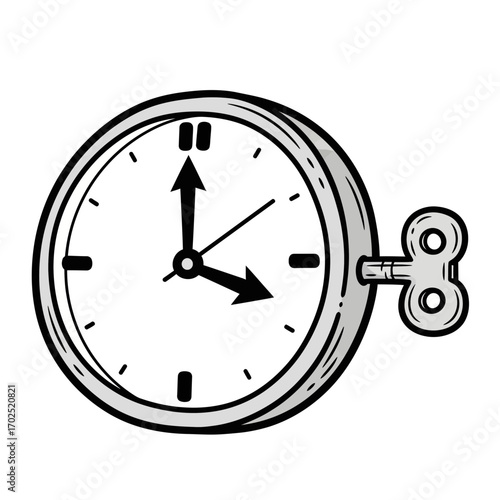 A wind-up clock with hands showing the time in a simple illustration.