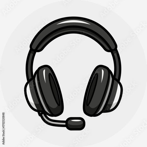 Black headphones with microphone on white background simple illustration style.