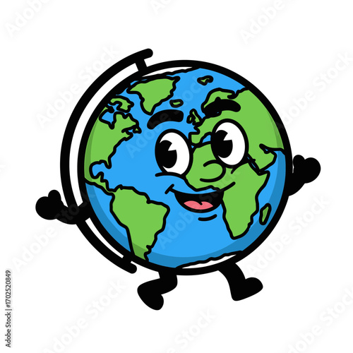 Cartoon globe with arms and legs walking on white background.