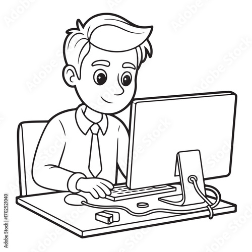 Office Worker at Desk Cartoon – Computer Productivity Line Art Illustration in Black and White