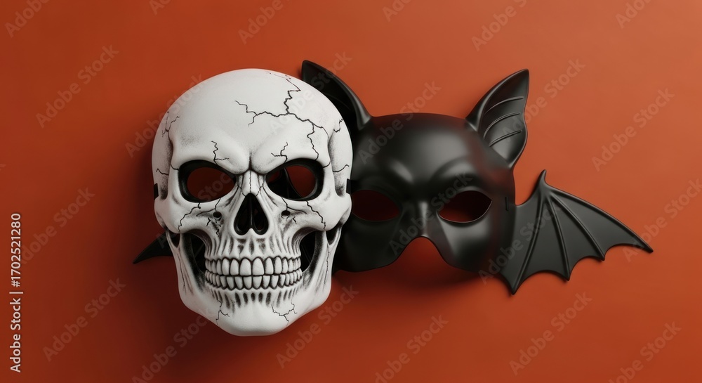 Skull mask and bat mask on orange backdrop for spooky Halloween design Skull mask and bat mask on orange backdrop for spooky Halloween design