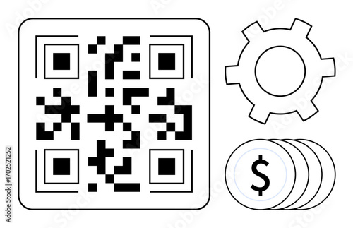 QR code next to gear and coins symbolizing digital payments, commerce, automation, and innovation. Ideal for fintech, payments, e-commerce, tech services, automation workflows and modern business