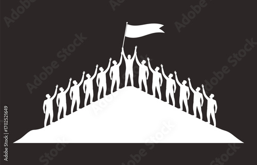 Teamwork silhouette, people holding flag together, unity and leadership, group success, collective achievement, corporate collaboration, victory on top, business partnership, goal accomplishment