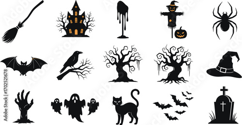 Halloween black silhouette vector illustration with haunted house, ghosts, bats, witch hat, spooky tree, scarecrow, zombie hands, spider, cat, gravestone