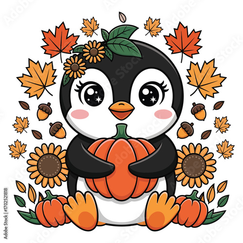 A super cute penguin in an autumn harvest theme, in sparkling kawaii style, holding a pastel pumpkin and surrounded by autumn leaves, sunflowers and acorns.