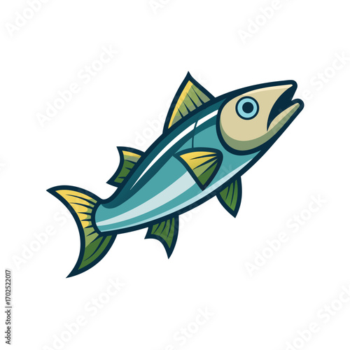 Illustration of a teal and yellow fish with an open mouth