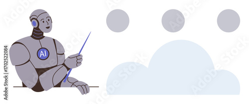Humanoid AI robot with headset using pointer to explain cloud and data concepts in modern technology. Ideal for AI, machine learning, cloud computing, automation, innovation, teaching, simple flat