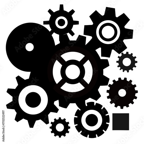 Interlocking Gears of Industry: A meticulously crafted arrangement of intermeshing gears symbolizes industry, technology, and the intricate workings of systems. A high-contrast.