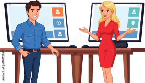 Business professionals communicating in front of large computer screens, digital workspace, online meeting concept, teamwork, modern office technology, collaboration