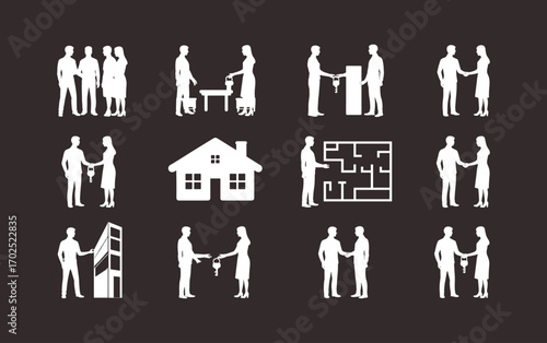 Silhouette of real estate concepts, property sale, house key exchange, business handshake, office building deal, floor plan, home rental, agent interaction