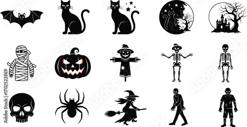 Halloween black and white vector icons with bats, cats, haunted house, skeletons, zombies, witch, mummy, pumpkin, spider, scarecrow, spooky elements
