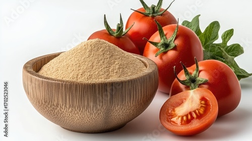 Fresh Tomatoes and Tomato Powder in Wooden Bowl, Healthy Food Concept.