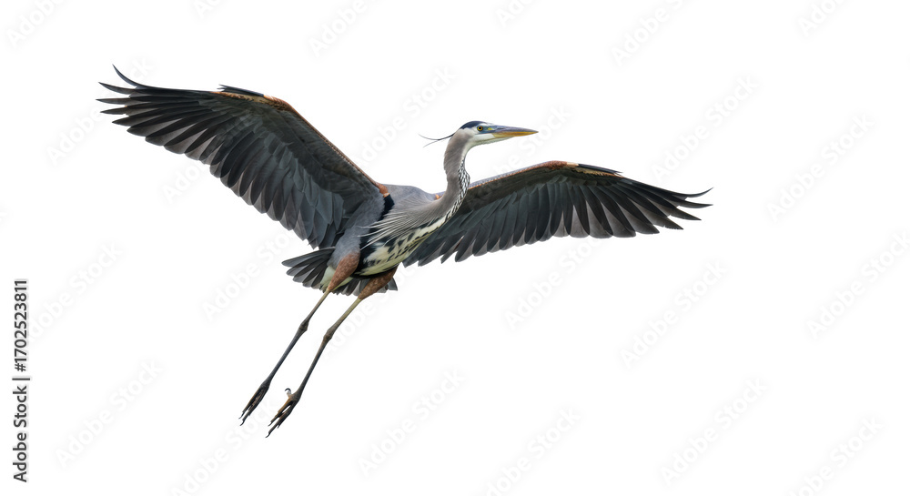Fototapeta premium Majestic adult Great Blue Heron, blue-gray plumage, yellow-orange beak, graceful mid-flight, wings extended, isolated on transparent studio background with copy space, concept of natural grace and
