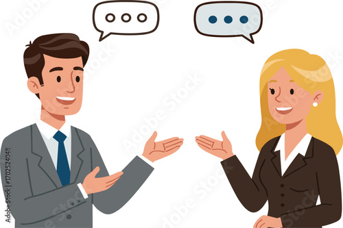 Businessman and businesswoman having friendly conversation, professional discussion, communication 