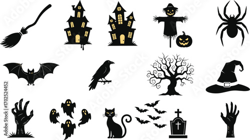 Halloween spooky silhouette icons with haunted house, witch, jack‑o’‑lantern, bats, ghosts, black cat, spider, scarecrow, raven, and eerie graveyard elements