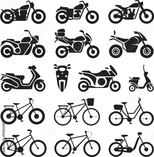 set of 16 two wheeler silhouette icons including motorcycles scooters mopeds and bicycles vector illustration
