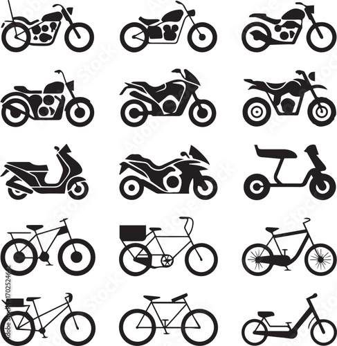 black silhouette collection of 15 motorcycle scooter and bicycle icons editable vector pack