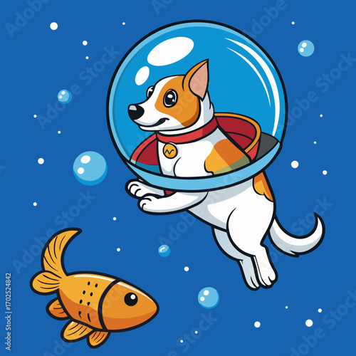 Cartoon dog astronaut floating in outer space wearing fishbowl helmet.svg