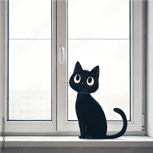 Cute black cat with big eyes sitting on a windowsill looking out kitten feline