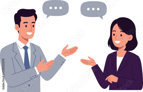 Businessman and businesswoman smiling while talking, professional communication, office discussion, teamwork collaboration, positive interaction, 